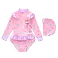 Roze meisjeszwempak met lange mouwen, zeemeerminprint, ruches en bijpassende badmuts - S (70-80cm 15-20 Jin) / Set / Roze Zeemeermin Patroon