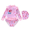 Roze eendelig meisjeszwempak met lange mouwen, zeemeerminprint en bijpassende badmuts - S (70-80cm 15-20 Jin) / Set / Roze Oceaan Bloemenpatroon