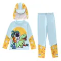 Detail of kids long sleeve swimwear featuring astronaut dinosaur print and blue sun hat - Celebration (DCM2819-6BW)