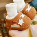 Brown soft-sole baby walking shoes with white star design and cozy knit sock lining - Size 11 (Inner Length 11) / Khaki