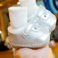 Silver soft sole baby walker shoes with bow embroidery and secure velcro strap - Size 11 / Silver