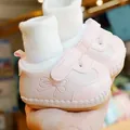 Pink infant walking shoes with soft soles, bow embroidery, and knitted sock collar - Size 11 / Pink