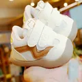 White breathable mesh baby walking shoes with brown wave design and double velcro straps - Size 16 (Inner Length 12cm) / Khaki