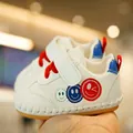 White baby walking shoes with soft soles, red laces, and colorful smiley faces - Size 13 (Inner Length 10.5CM) / Blue