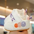Soft-soled non-slip baby walker shoes in white leather with cute colorful smiley patches - Size 13 (Inner Length 10.5CM) / Pink