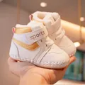Warm white fleece-lined baby walking shoes with gold accents and velcro strap closure - Size 14 (Inner Length 10.5CM) / Gold