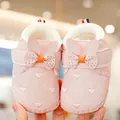 Pink winter baby walker shoes with warm plush lining and heart embroidery details - Size 14 / Pink