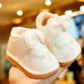 Winter toddler walking shoes with plush lining, floral embroidery, and anti-slip sole - Size 15 / White