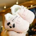 Pink fleece baby walking shoes with panda ears and non-slip soft soles for winter - Size 14 (Inner Length 10.5CM) / Pink
