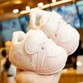 Pink and white warm baby walking shoes with plush lining and cute bear design - Size 14 / Pink