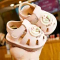Pink infant sandals with hand-knitted flowers and soft non-slip rubber soles for toddlers - Size 16 (11CM Inner) / Pink