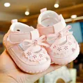 Pink infant walking sandals with bow decoration and soft anti-slip soles for baby girls - Size 13 (Inner Length 10.5CM) / Pink