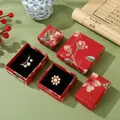 Chinese retro red jewelry gift box set with floral prints for rings and brooches - Begonia Red / 5X5X3cm