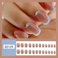 French press-on nails DZ129 with blue tips and rhinestones, 24 pieces set - Shein Jelly Glue + File / DZ129-X Sea Blue French