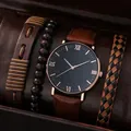 Men's quartz watch with rose gold case and three assorted beaded leather bracelets - Vintage Roman Scale Brown Leather Set (Watch And Bracelets)