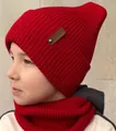 Kids red ribbed knit beanie hat and matching scarf set with leather brand patch detail - Red