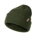 Olivgrüne Rippstrick-Beanie-Mütze mit braunem Lederpatch für winterliche Wärme - S / Olivgrün
