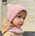 Pink knit winter hat and snood set for kids with cat ear design and ribbed texture - Light Pink