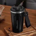 Smart matte black coffee mug featuring digital temperature display and durable carry strap - Black Smart Lid With Lanyard