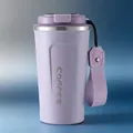 Purple 304 stainless steel insulated coffee mug featuring an embossed design and strap - Purple Normal Lid With Lanyard