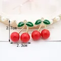 Red cherry jewelry charms with green leaves and gold frame, size 2.7cm by 2.3cm - Solid Big Red Cherry