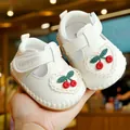 Soft-soled white baby walking sandals with cherry embroidery and lace trim details - Size 13 (Inner Length 10.5CM) / Off White