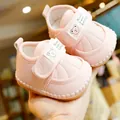 Pink soft-sole baby walking shoes with quilted pattern and cute cartoon bear velcro strap - Size 13 / Pink