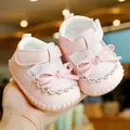 Pink soft-soled baby shoes with glitter bow and lace details for newborn girls - Size 13 (Inner Length 10.5CM) / Pink