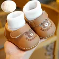 Scarpe primi passi neonato in pelle marrone con orsetto ricamato e fodera calda - Taglia 11 / Marrone