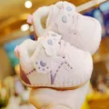 Pink fleece-lined baby walking shoes with panda velcro straps and non-slip rubber soles - US 14 / Pink