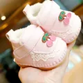 Pink infant princess shoes with cherry embroidery and warm plush lining for babies - Size 15 / Pink