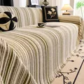 Striped cream and green woven sofa cover with fringe tassels for three-seater sofas - Vertical Shadow Throw / 180*130CM / Green