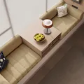 Modern light brown teddy fleece bay window mat with a wooden table and storage - Milk Coffee