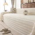 Copridivano in peluche bianco crema con strisce verticali e nappe sottili - 180*130CM / Bianco Sporco