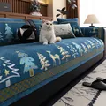 Dunkelblauer Weihnachtssofabezug aus Chenille mit Rentieren, Bäumen und Kissen - 70x70 / Glückshirsch - Blau