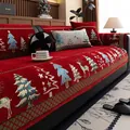 Christmas themed thick chenille sofa cushion with red reindeer and tree embroidery - Lucky Deer - Red