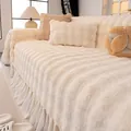 Copridivano in peluche bianco crema con texture a righe e bordo con volant eleganti - 180*130CM / Beige