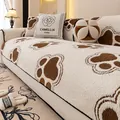 Thick plush sofa cushion featuring a cream and brown bear paw design with camellia detail - 70*70cm / Brown