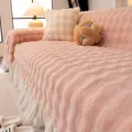 Copridivano in peluche rosa con trama a onde e balza bianca decorativa per divano - 180*130CM / Rosa