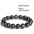 6A Grade natural black rutilated quartz beaded bracelet with clear crystal texture - 7-7.8mm Single Loop (Approx. 25 Beads) / Grade 6A (Lace Texture)