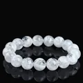 Natural white snow phantom crystal beaded bracelet with rich blizzard inclusions on black - Grade 6A Snowstorm / 13-13.8mm (Approx. 16 Beads)