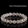 Natural silver rutilated quartz beaded bracelet with clear crystal and silver needles - Special Value Style / 18-18.8mm Single Loop (Approx. 12 Beads)