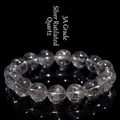 3A grade silver rutilated quartz beaded bracelet with clear crystals and silver needles - 9-9.8mm Single Loop (approx. 21 Beads) / Grade 3A Silver Rutilated Quartz
