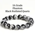 Pulsera de cuentas de cuarzo rutilado negro natural 5A con efecto de cuenca del tesoro - 10-10.8mm (aprox. 19 cuentas) / Grado 5A Textura de Cornucopia Negra