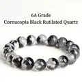 Pulsera de cuarzo rutilado negro grado 6A con cuentas redondas y patrón de cornucopia - 11-11.8mm (aprox. 18 cuentas) / Grado 6A Textura de Cornucopia Negra