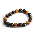 Polished natural tiger eye beaded bracelet featuring yellow, red, and blue gemstones - 10mm / Red Blue Yellow Tiger Eye