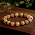 Natural Golden Silk Jade Lotus Bead Bracelet with Hand-Carved Multi-Color Stones - Lotus Bead Style