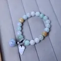 Multicolor natural jadeite beaded bracelet with violet spherical charm and white leaf pendant - Apple