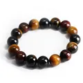 Natural red, blue, and yellow tiger eye stone beaded bracelet with cat eye effect - 12mm / Red Blue Yellow Tiger Eye