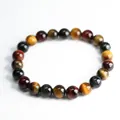 Polished natural tiger eye stone bead bracelet in red, blue, and yellow colors - 8mm / Red Blue Yellow Tiger Eye